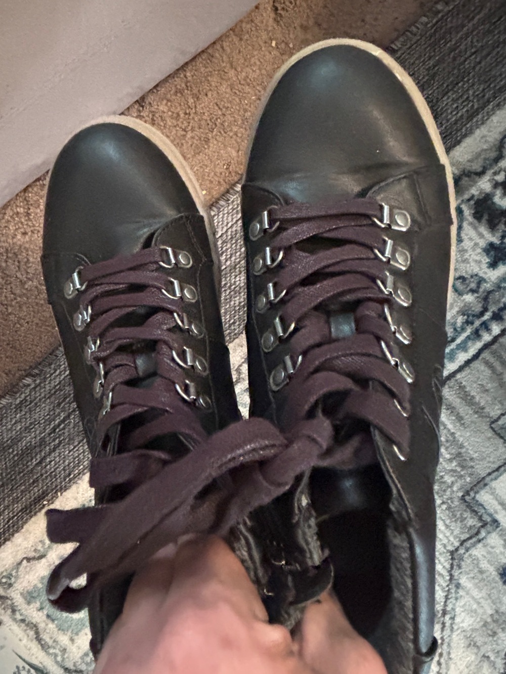 Men's Black High-Top Lace-Up Boots with Dark Plum Laces